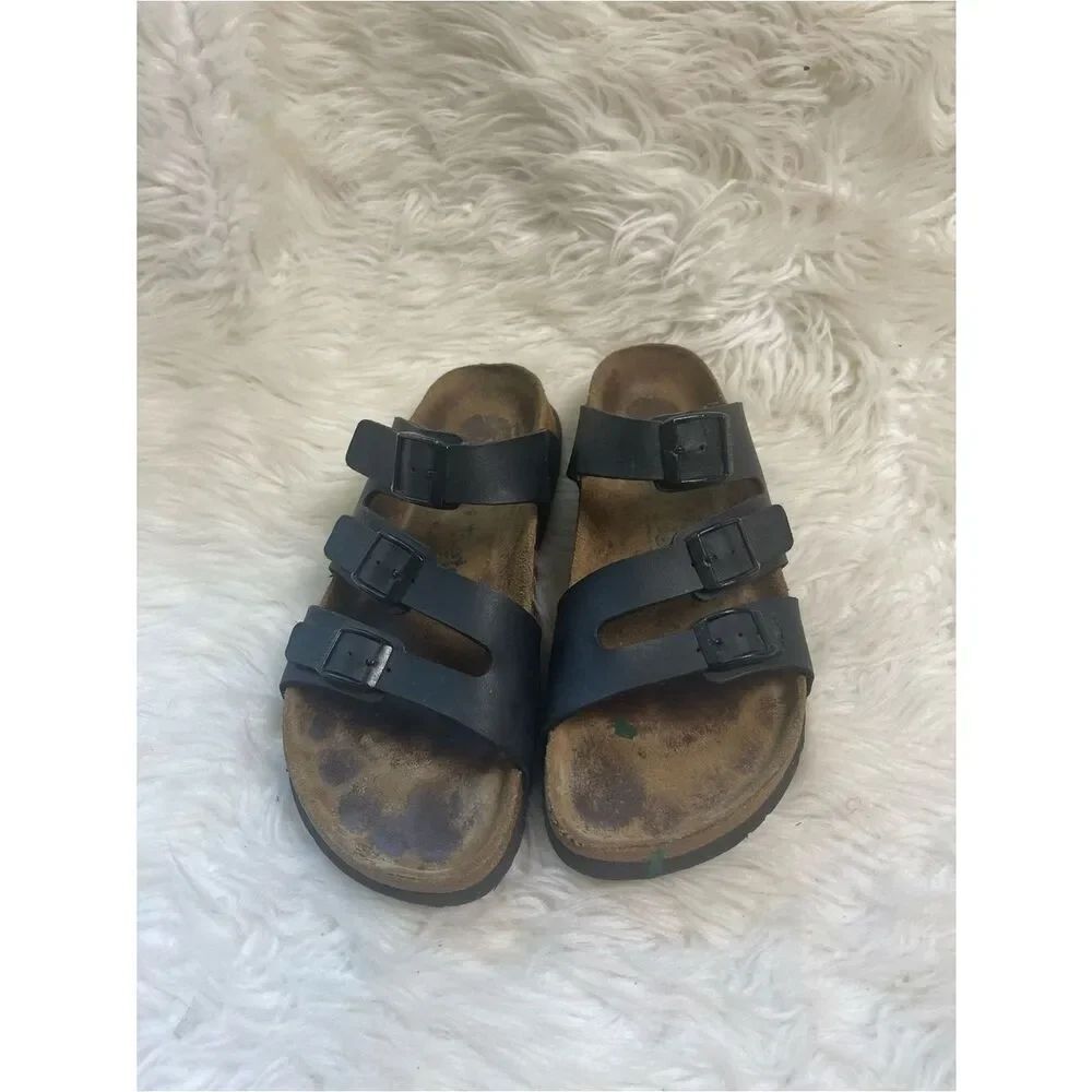 Bertula Birkenstock Triple Straps Black Slide Sandals EUR SZ40
